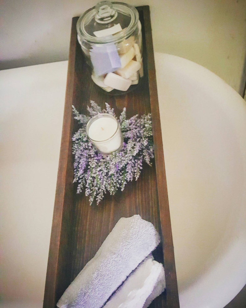 Bath tub caddy, Rustic wood bathtub tray, Wooden bath shelf, Clawfoot tub box, Bathroom storage, Tub tray, Spa bathroom, Bath organization image 4