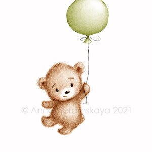 Die Zeichnung von süßem Teddybär mit grünem Ballon.  Druckbare Kunst. Sofort Download. Kinderzimmer Dekor. Babyzimmer Druck. Kinder Wandkunst.