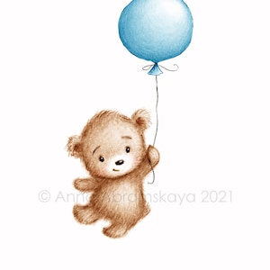 Le dessin de l’ours mignon de nounours avec le ballon bleu.  Art imprimable. Téléchargement instantané. Décor de pépinière. Impression de chambre pour bébé. Art mural pour enfants.