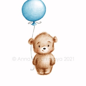 Il disegno del simpatico orsacchiotto con palloncino blu.  Arte stampabile. Download istantaneo. Arredamento vivaio. Stampa baby room. Arte murale per bambini.