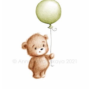 Le dessin de l’ours mignon de nounours avec le ballon vert.  Art imprimable. Téléchargement instantané. Décor de pépinière. Impression de chambre pour bébé. Art mural pour enfants.