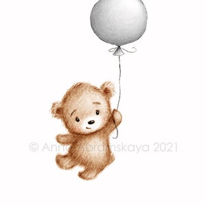 Le dessin de l’ours mignon de nounours avec le ballon argenté. Art imprimable. Téléchargement instantané. Décor de pépinière. Impression de chambre pour bébé. Art mural pour enfants.