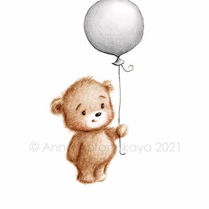 Die Zeichnung von niedlichen Teddybär mit silberballon. Druckbare Kunst. Sofortiger Download. Kinderzimmer Dekor. Babyzimmer Druck. Kinder-Wand-Kunst.