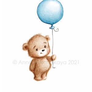 Le dessin de l’ours mignon de nounours avec le ballon bleu.  Art imprimable. Téléchargement instantané. Décor de pépinière. Impression de chambre pour bébé. Art mural pour enfants.