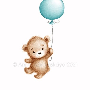 Le dessin de l’ours mignon de nounours avec le ballon de sarcelle. Art imprimable. Téléchargement instantané. Décor de pépinière. Impression de chambre pour bébé. Art mural pour enfants.