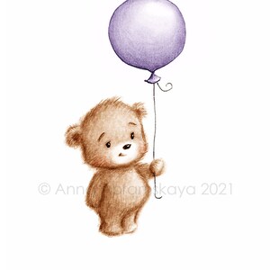 Die Zeichnung des niedlichen Teddybären mit lila Luftballon. Druckbare Kunst. Sofort Download. Kinderzimmer Dekor. Babyzimmer Druck. Kinder Wandkunst.