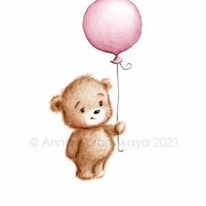 Teddy Bär mit rosa Luftballon Druck - Sofort Download für Kinderzimmer und Baby Zimmer Dekor - Kinder Wand Kunst