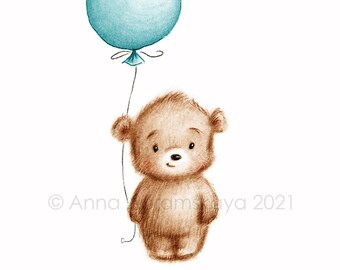 The drawing of cute teddy bear with teal balloon. Printable Art. Instant Download. Nursery Decor. Baby room Print. Kids wall art.