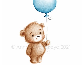 The drawing of cute teddy bear with blue balloon.  Printable Art. Instant Download. Nursery Decor. Baby room Print. Kids wall art.