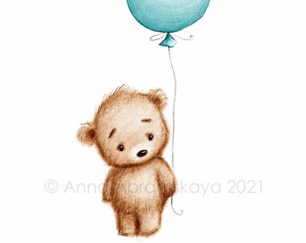 The drawing of cute teddy bear with teal balloon. Printable Art. Instant Download. Nursery Decor. Baby room Print. Kids wall art.