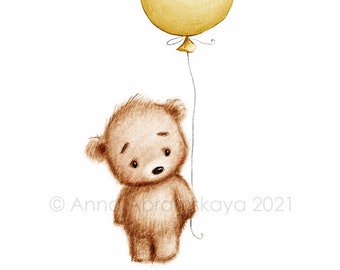 Cute Teddy Bear with Yellow Balloon - Printable Nursery Decor for Instant Download - Kids Wall Art Print