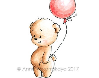 Teddy Bear with Balloon - Printable Art - Nursery Wall Decor - Children's Illustration - Digital file - Instant Download - Greeting Card