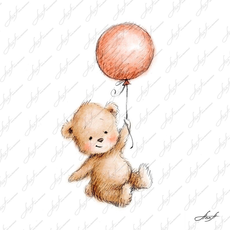 Aquarell und Bleistift Zeichnung von Teddy Bär mit Ballon