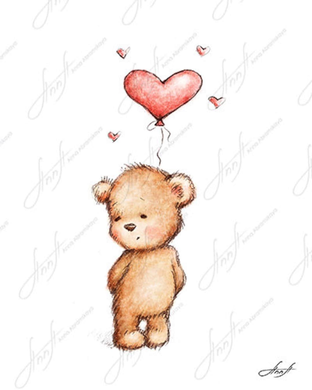 Buy The Drawing of Cute Teddy Bear With the Red Heart Balloon ...
