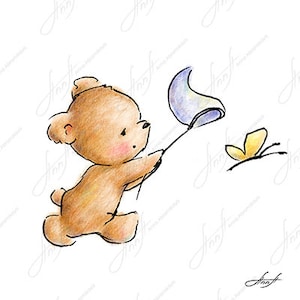 Le dessin de l’ours de nounours mignon chassant un papillon. Printable Art. Fichier numérique. Téléchargement immédiat