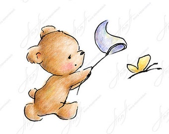 The drawing of cute teddy bear chasing a butterfly. Printable Art. Digital file. Instant Download