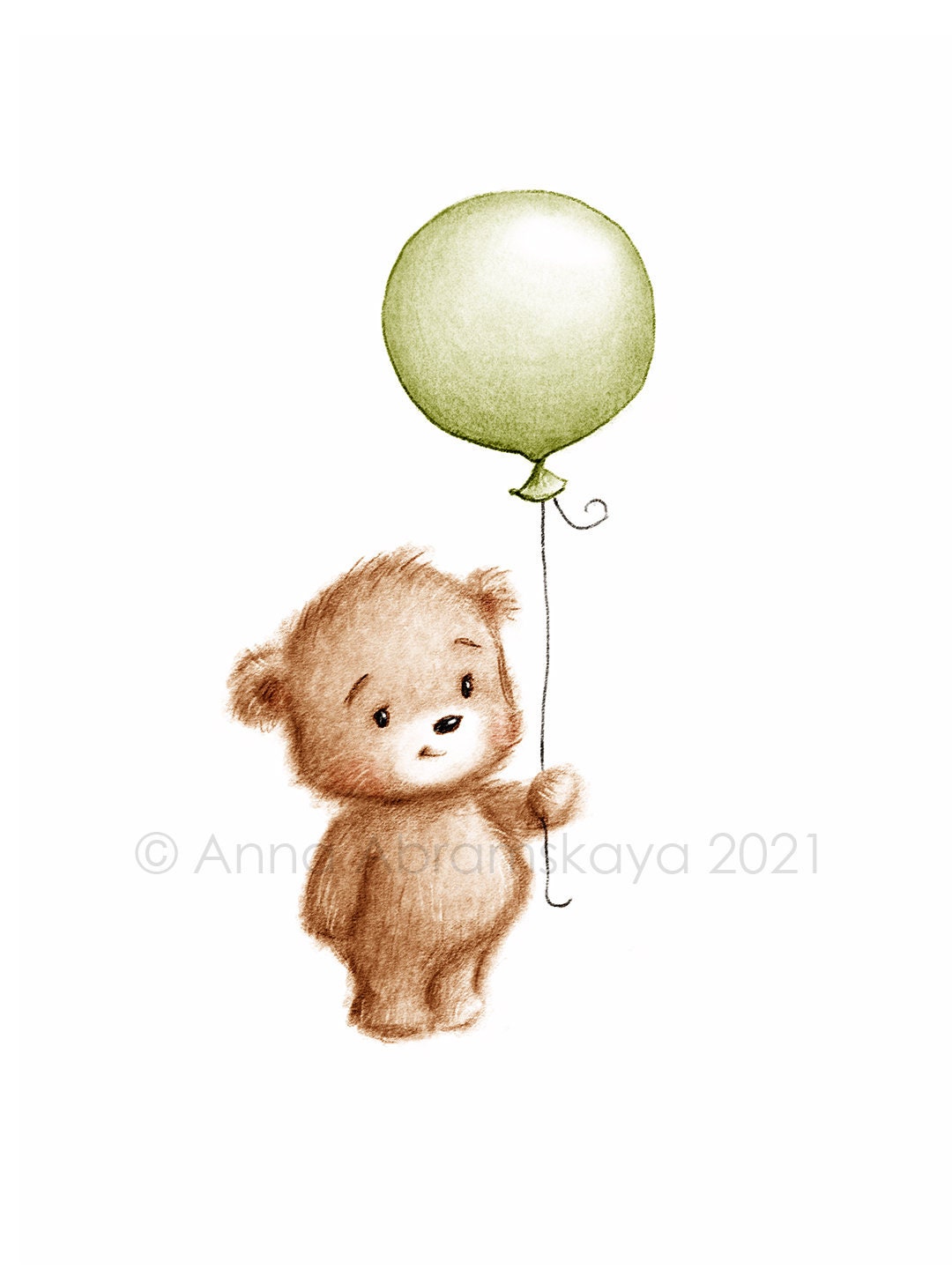 The Drawing of Cute Teddy Bear With Green Balloon. Printable - Etsy