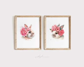 Floral Bunny Nursery Wall Decor - Set of 2 Color Pencil Art Prints