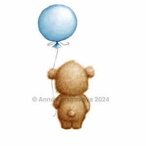 Le dessin d'un ours en peluche mignon avec un ballon bleu.  Art imprimable. Téléchargement instantané. Décoration de chambre d'enfant. Impression chambre de bébé. Art mural pour enfants.