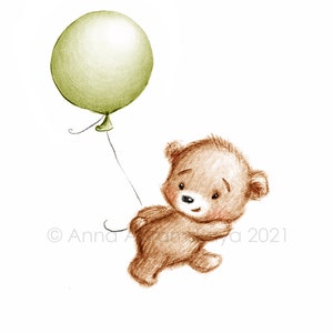 Le dessin de l’ours mignon de nounours avec le ballon vert.  Art imprimable. Téléchargement instantané. Décor de pépinière. Impression de chambre pour bébé. Art mural pour enfants.