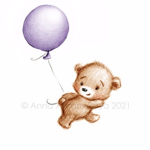 Le dessin de l’ours mignon de nounours avec le ballon pourpré. Art imprimable. Téléchargement instantané. Décor de pépinière. Impression de chambre pour bébé. Art mural pour enfants.