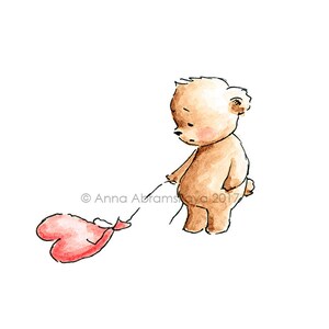 Teddybeer met trieste hart ballon - afdrukbare Art - digitale bestand - Valentine - Love bear - liefde illustratie - inkt en aquarel - groet