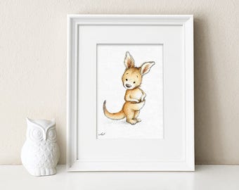 Pencil and Watercolor Drawing of Kangaroo - Nursery Picture - Nursery Art - Baby Gift - Safari Nursery - Wall Decor - Digital Print.