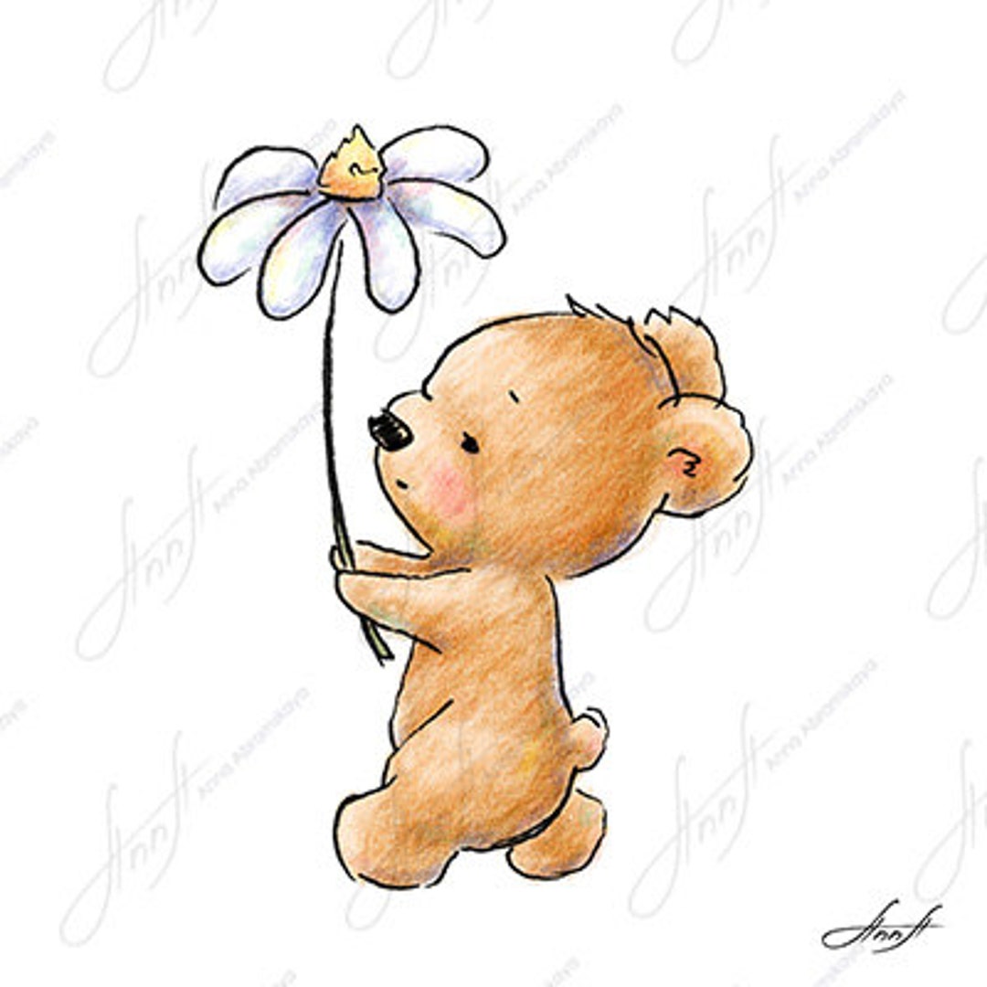Buy The Drawing of Cute Teddy Bear Walking With a Huge Daisy. Online in