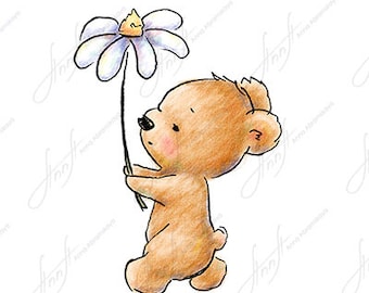 The drawing of cute teddy bear walking with a huge daisy. Printable Art. Digital file. Instant Download