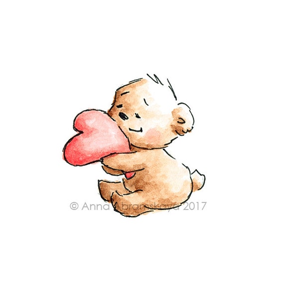 Teddy Bear Art Etsy and Digital Watercolor Sweden Ink Illustration Bear File Printable Love Heart - Valentines Huging Card Greeting Love