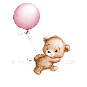 Il disegno del simpatico orsacchiotto con palloncino rosa. Arte stampabile. Download istantaneo. Arredamento vivaio. Stampa baby room. Arte murale per bambini.