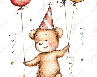 Teddy Bear with Balloons. Printable Art. Digital file. Instant Download