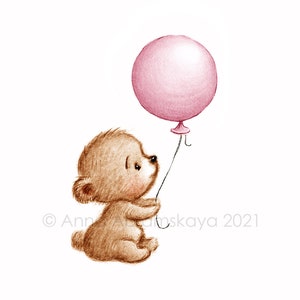 Die Zeichnung von süßem Teddybär mit rosa Luftballon. Druckbare Kunst. Sofort Download. Kinderzimmer Dekor. Babyzimmer Druck. Kinder Wandkunst.