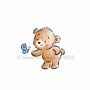 The drawing of cute teddy bear with blue butterfly. Printable Art. Instant Download. Nursery Decor. Baby room Print. Kids wall art.