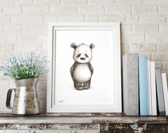 Pencil and Watercolor Drawing of Panda - Nursery Picture - Nursery Art - Baby Gift - Wall Decor - Panda Digital Print - Animal Print