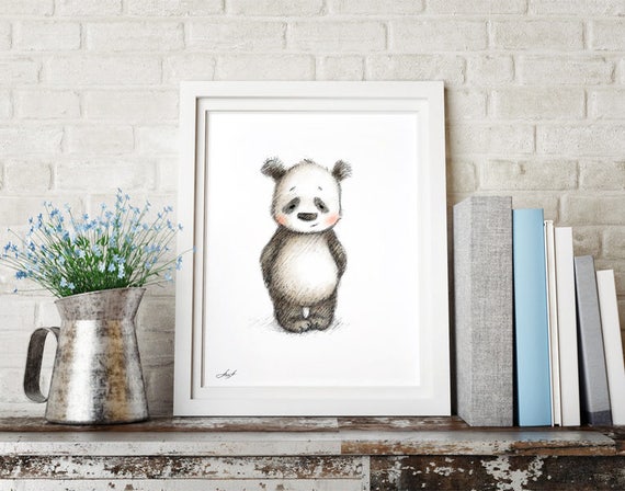 Pencil and Watercolor Drawing of Panda - Nursery Picture - Nursery Art -  Baby Gift - Wall Decor - Panda Digital Print - Animal Print
