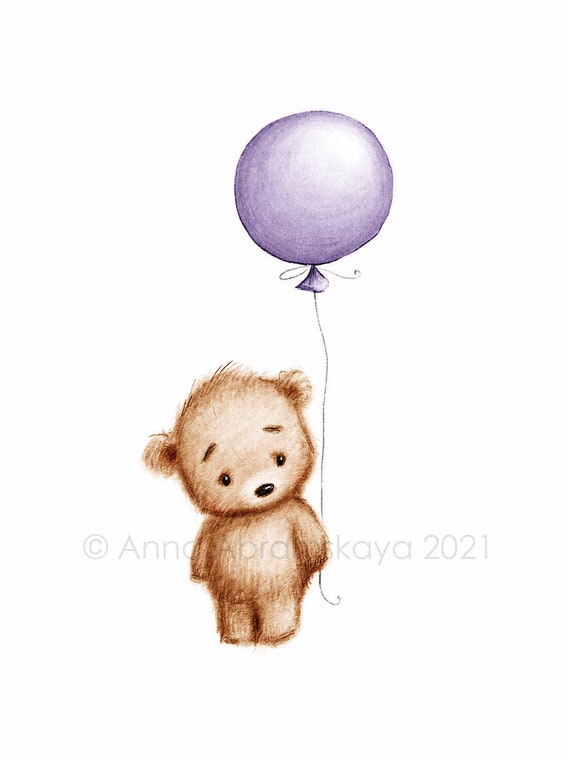 Le dessin de l’ours mignon de nounours avec le ballon rouge. Art  imprimable. Téléchargement instantané. Décor de pépinière. Impression de  chambre pour