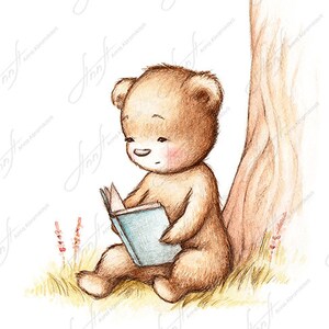Le dessin de l'ours de nounours affichant un livre sous l'arbre. Art imprimable. Fichier numérique. Téléchargement instantané