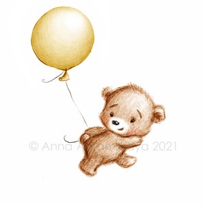 Die Zeichnung des niedlichen Teddybären mit gelbem Luftballon. Druckbare Kunst. Sofort Download. Kinderzimmer Dekor. Babyzimmer Druck. Kinder Wandkunst.