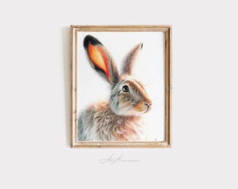 Stampa artistica di coniglio – Illustrazione giclée realistica di coniglio – Decorazione murale di animali del bosco – Arte della lepre Cottagecore – Stampa di coniglio pasquale per cameretta