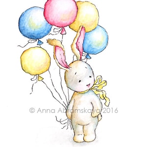 Bunny with Balloons - Printable Art - Nursery decor - Kids room decor - Children&#39;s wall art - Easter Print - Digital Print - Greeting Card