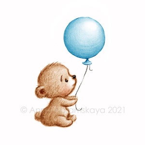 Le dessin de l’ours mignon de nounours avec le ballon bleu.  Art imprimable. Téléchargement instantané. Décor de pépinière. Impression de chambre pour bébé. Art mural pour enfants.