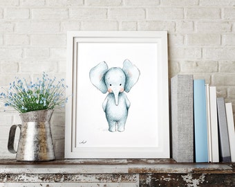 Pencil and watercolor drawing of elephant, Nursery Picture, Nursery Art, Baby Gift, Elephant Nursery, Wall Decor, Digital Elephant Print