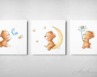 Set of 3 Cute Teddy Bears Prints - Printable Art - Animal Nursery Set Prints - Children's Art - Nursery Wall Art - Baby Decor