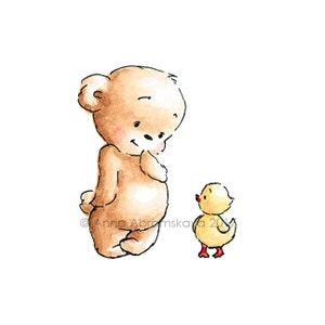 May include: A watercolor illustration of a brown bear looking down at a small yellow chick with red feet. The bear is standing on its hind legs and the chick is standing on its two feet.