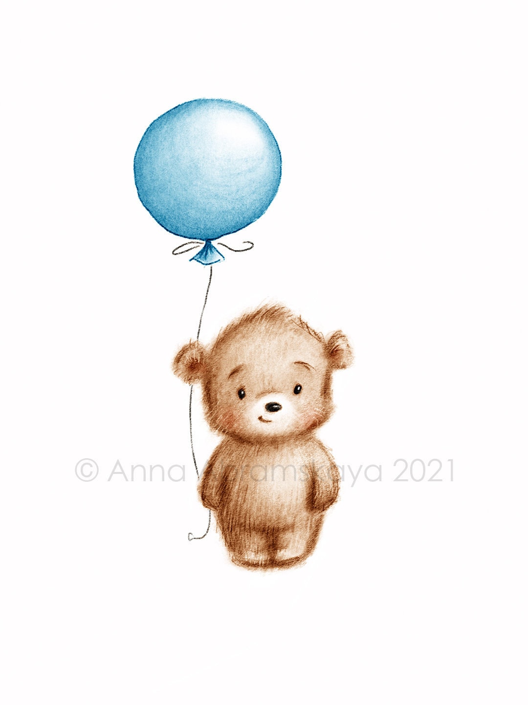 Buy The Drawing of Cute Teddy Bear With Blue Balloon. Printable ...