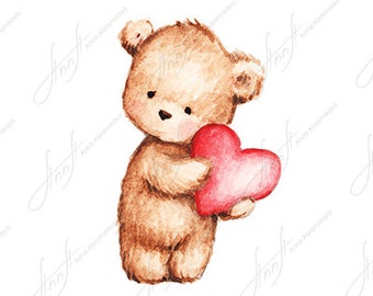 The drawing of cute teddy bear with red heart. Printable Art. Digital file. Instant Download