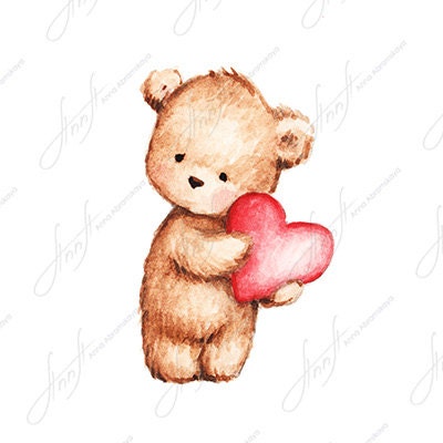 The Drawing of Cute Teddy Bear With Red Heart. Printable Art