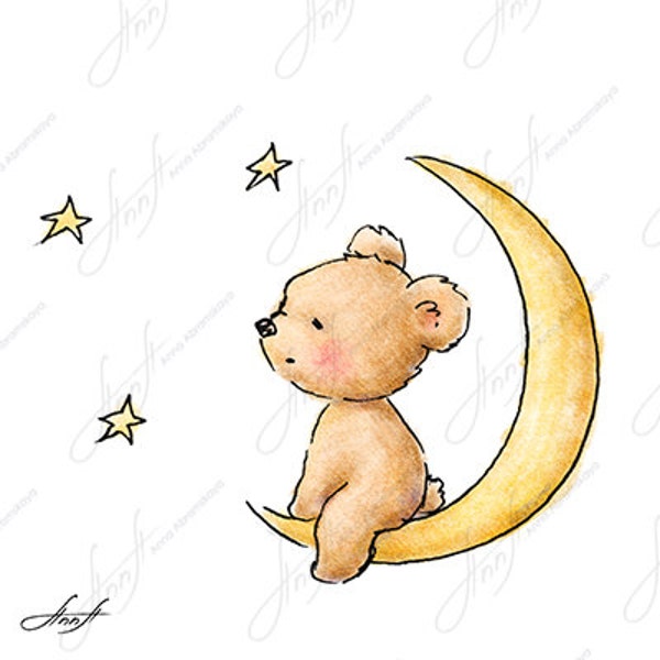 The drawing of cute teddy bear sitting on the moon and watching the stars. Printable Art. Digital file. Instant Download