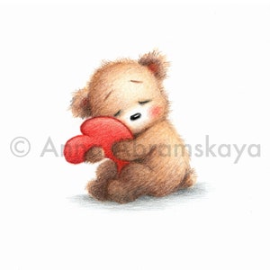 Le dessin d'un joli ours en peluche serrant un coeur rouge. Art imprimable. Fichier numérique. Téléchargement instantané